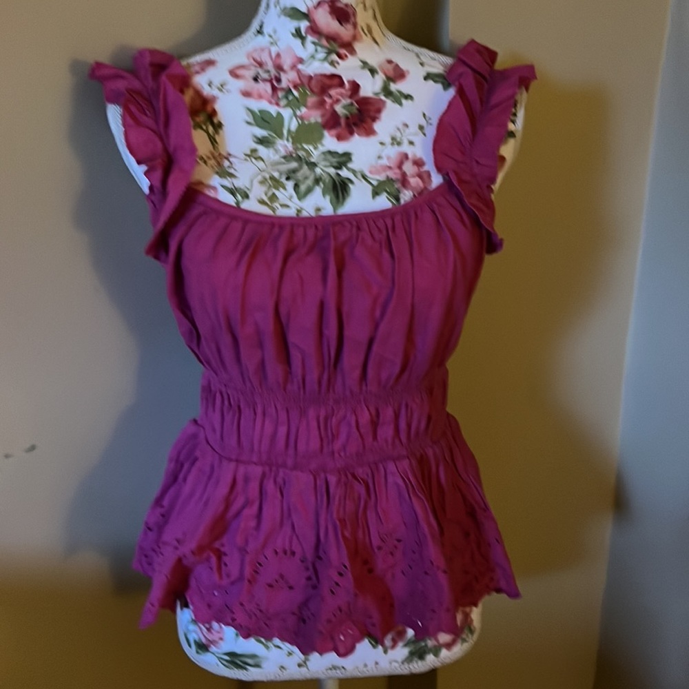 Sleeveless Waist-Defined Ruffle-Trimmed Embroidered Babydoll Blouse Dragon Fruit - Picture 8 of 9
